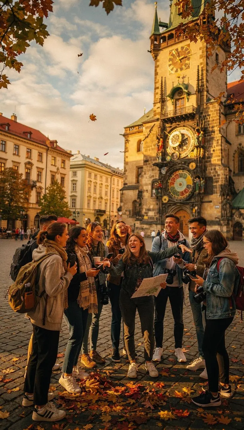 Turisté obdivují hrad na kopci s krásným výhledem na okolí.