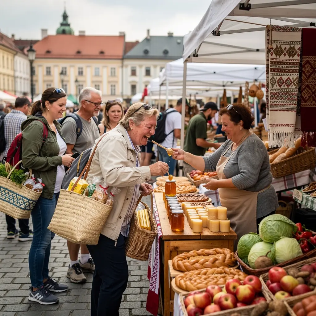 Rodina prochází malebnou vesnicí s tradičními domky a zahradami.