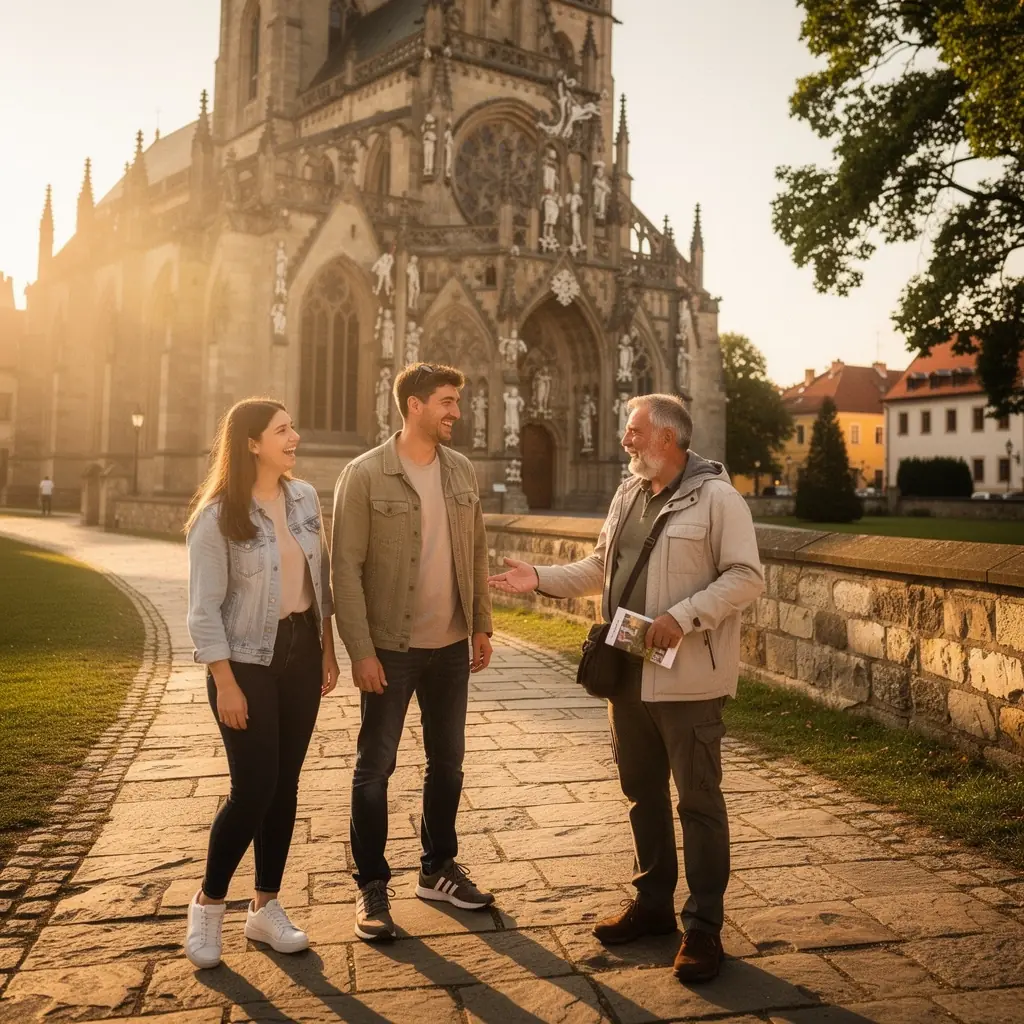 Malebná krajina České republiky s historickými památkami v pozadí.